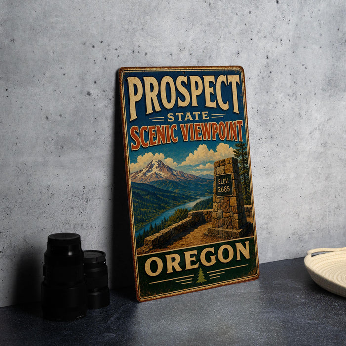A vintage metal sign for the Prospect State Scenic Viewpoint in Oregon, featuring a mountain landscape and a stone marker.