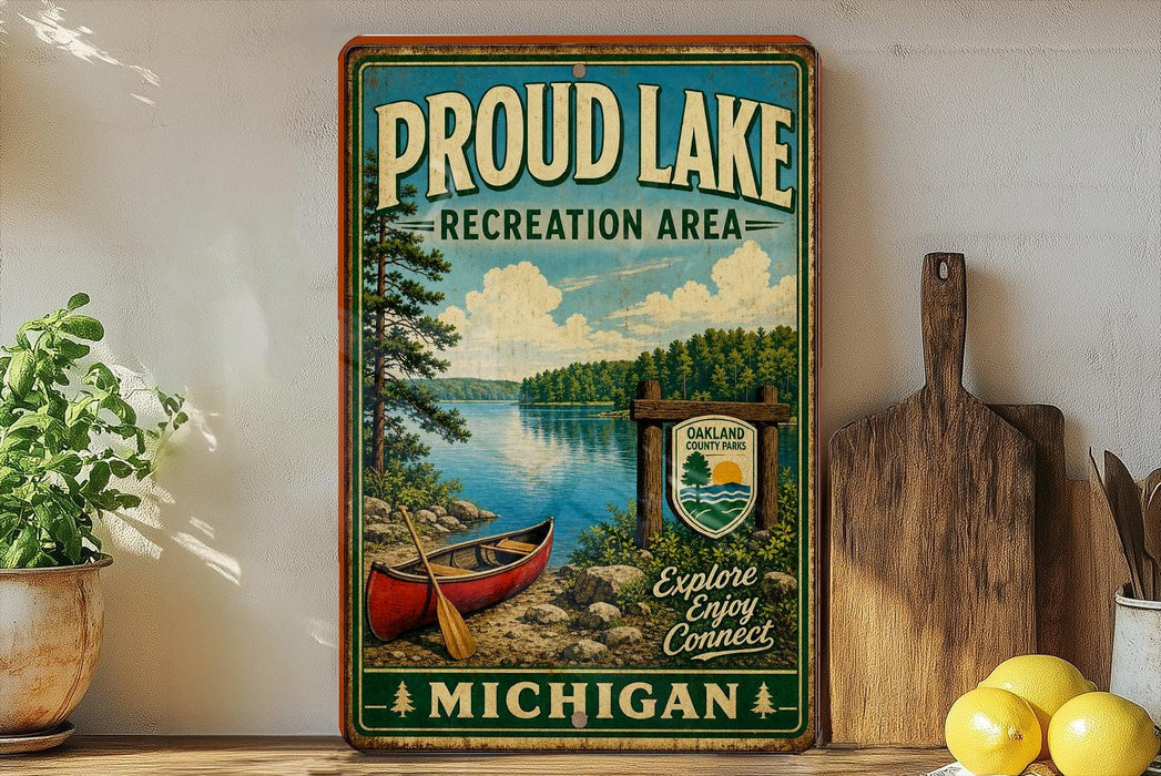 A vintage-style metal sign for "Proud Lake Recreation Area" in Michigan, featuring a scenic image of a lake, canoe, and surrounding forest.