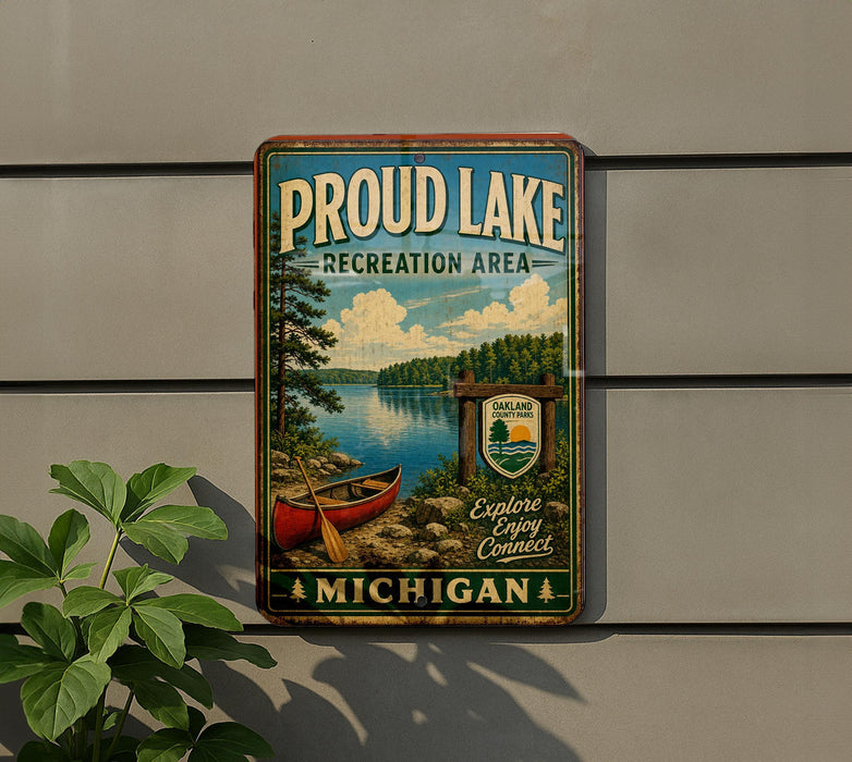 A metal sign on a wall that says "Proud Lake Recreation Area" and features a scenic image of a lake with a canoe.