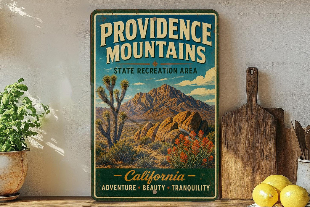A vintage-style metal sign for Providence Mountains, California, featuring a desert landscape with a mountain in the background.