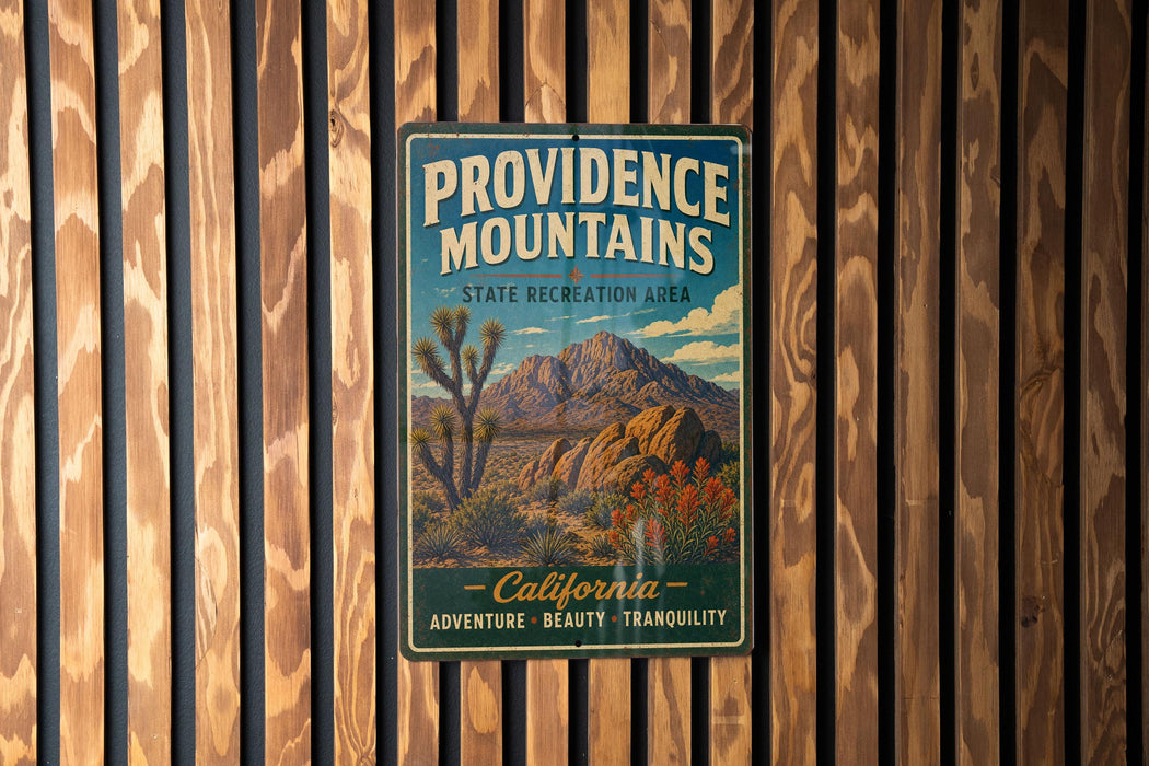 A vintage-style metal sign for Providence Mountains, California, featuring a desert landscape with mountains, cacti, and flowers.