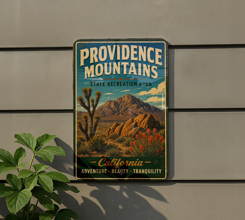 A vintage-style metal sign for the Providence Mountains State Recreation Area in California, featuring a desert landscape with a cactus and mountains in the background.