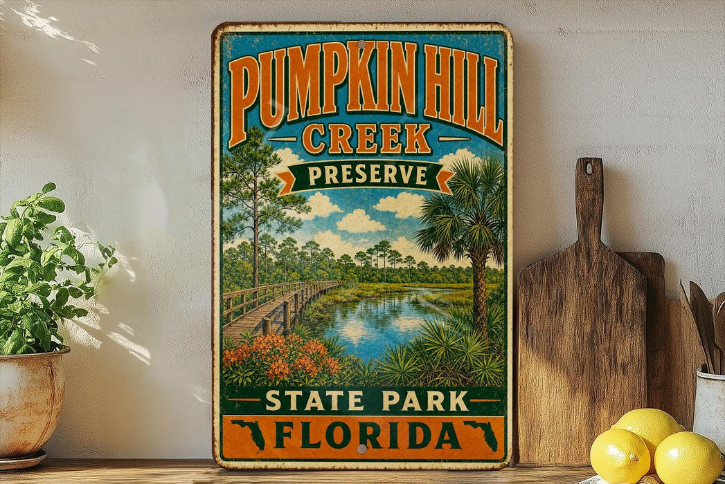 A vintage-style sign for Pumpkin Hill Creek Preserve in Florida, featuring a scenic illustration of a river, bridge, and surrounding landscape.