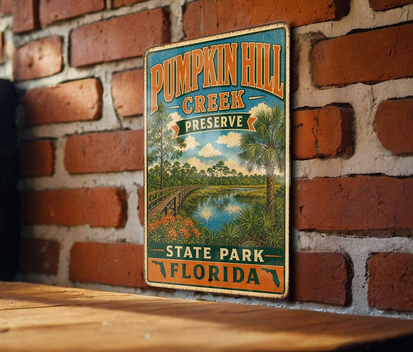A vintage-style metal sign for Pumpkin Hill Creek Preserve in Florida, featuring a scenic illustration of a river, palm trees, and a bridge.