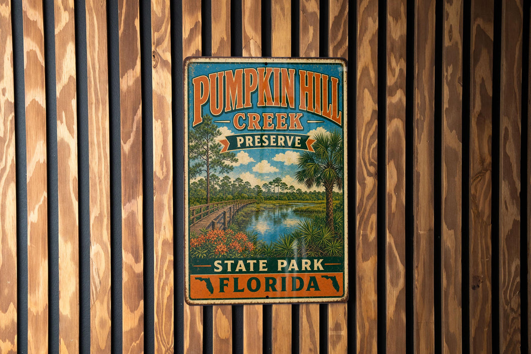A vintage metal sign for Pumpkin Hill Creek Preserve in Florida, featuring a scenic illustration of a park and a lake.
