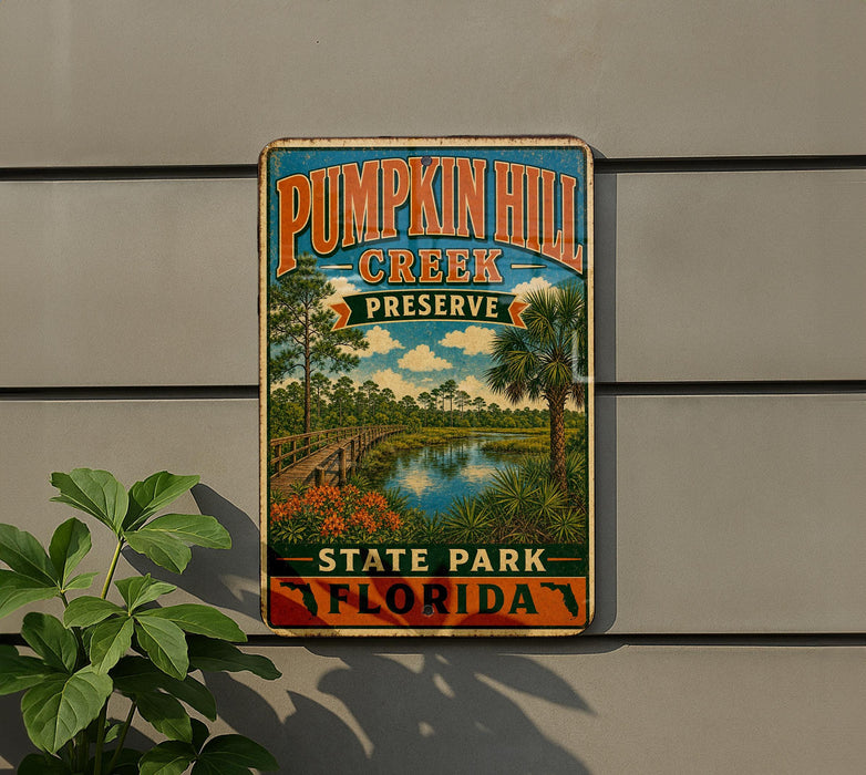 A vintage-style metal sign for Pumpkin Hill Creek Preserve in Florida, featuring a scenic landscape with a river, palm trees, and a bridge.
