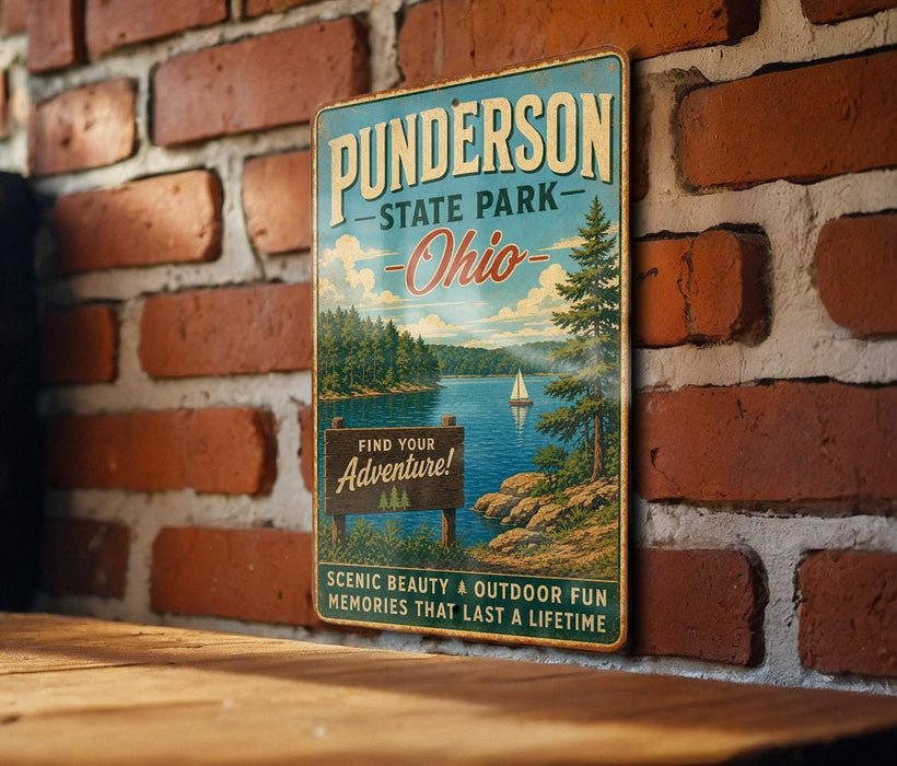 A vintage metal sign for Punderton State Park in Ohio, featuring a scenic landscape with a lake, mountains, and a sailboat.