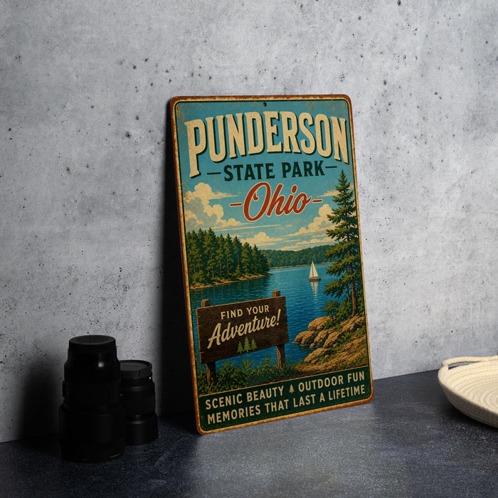 A vintage metal sign for Punderton State Park in Ohio, featuring a scenic lake and pine trees, is displayed on a gray concrete surface.