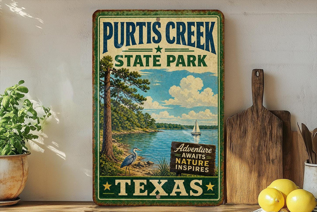 A vintage-style sign for Purtis Creek State Park in Texas, featuring a scenic illustration of a lake, pine trees, and a sailboat.