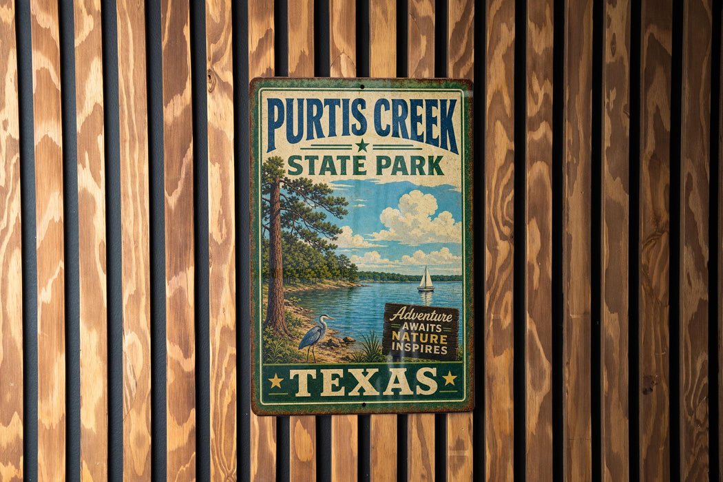 A vintage metal sign for Purtis Creek State Park in Texas, featuring a scenic landscape with a lake, trees, and a sailboat.