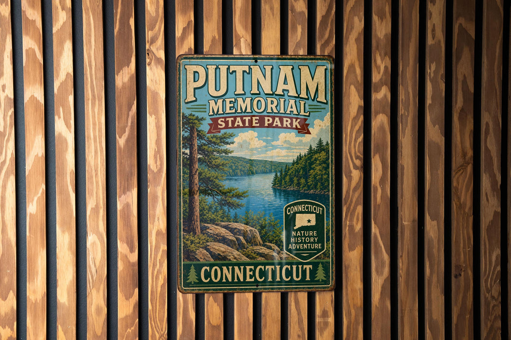 A vintage metal sign for Putnam Memorial State Park in Connecticut, featuring a scenic landscape with a lake and mountains.