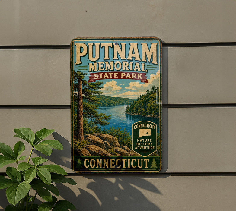 A vintage metal sign for Putnam Memorial State Park in Connecticut, featuring a scenic landscape with a lake and mountains.