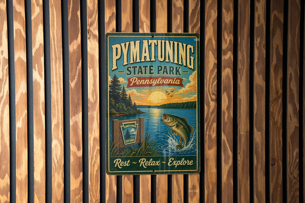 A vintage-style metal sign for Pennsylvania State Park, featuring a scenic image of a lake, trees, and a fish jumping out of the water.