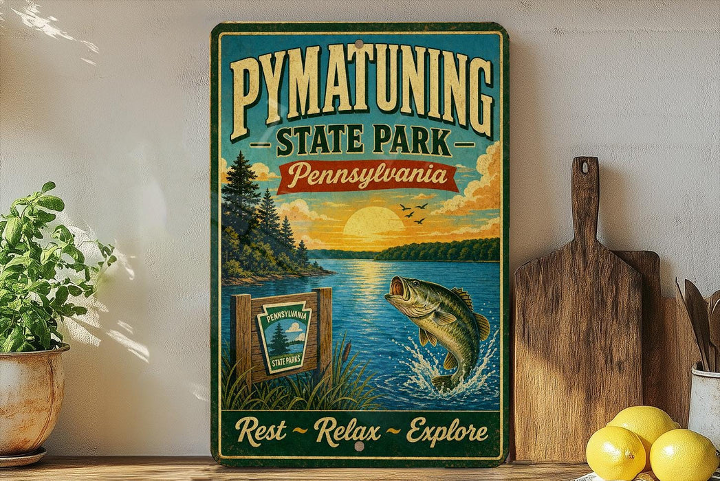 A vintage-style sign for Pennsylvania State Park, featuring a scenic landscape with a lake, trees, and a fish jumping out of the water.