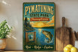 A vintage-style sign for Pennsylvania State Park, featuring a scenic landscape with a lake, trees, and a fish jumping out of the water.
