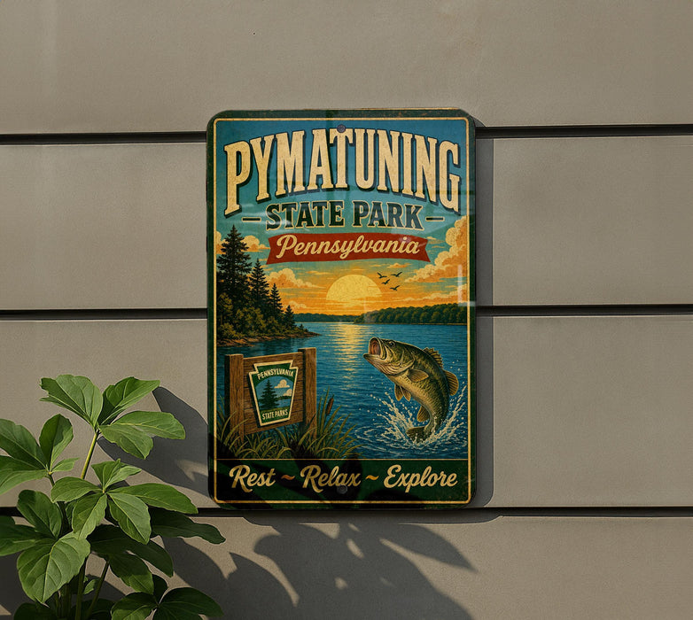A vintage-style sign for Pennsylvania State Park, featuring a scenic image of a lake, trees, and a fish jumping out of the water.