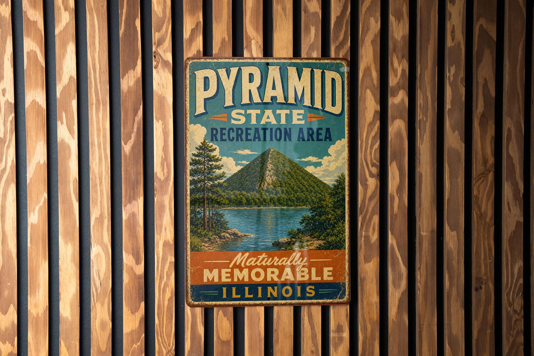 A vintage metal sign for the Pyramid State Recreation Area in Illinois, featuring a mountain landscape and a lake.