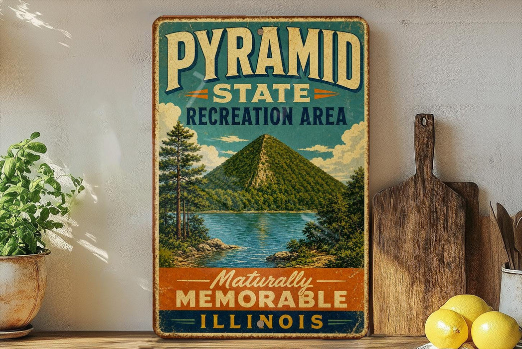 A vintage-style metal sign for the Pyramid State Recreation Area in Illinois, featuring a scenic mountain landscape with a lake and pine trees.