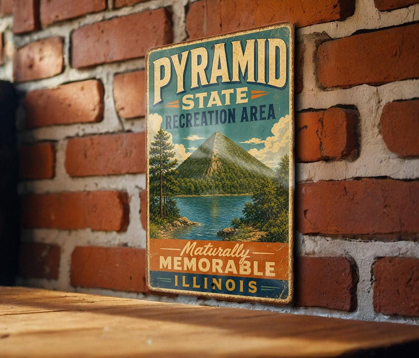 A vintage-style metal sign with the text "PYRAMID STATE RECREATION AREA" and "Naturally Memorable ILLINOIS" is displayed on a brick wall.