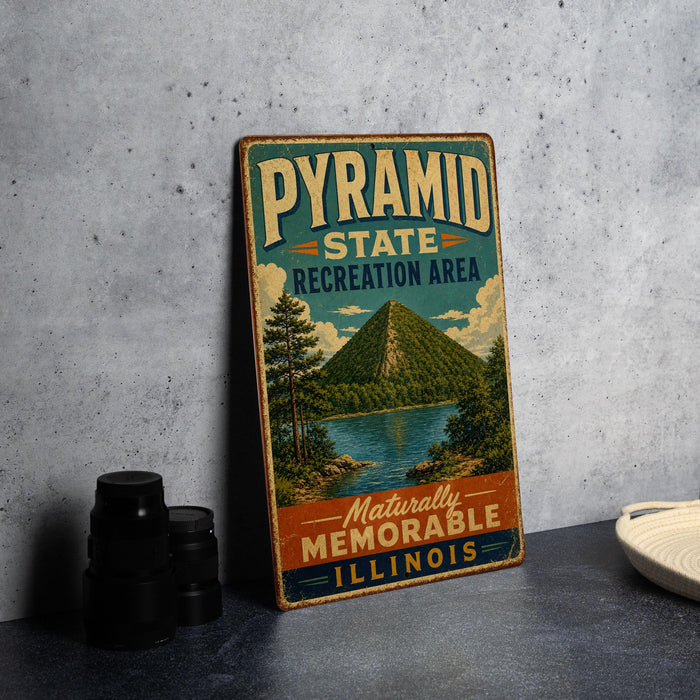 A vintage-style metal sign for the Pyramid State Recreation Area in Illinois, featuring a scenic mountain landscape with a lake and trees.
