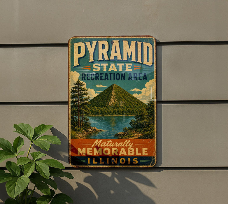 A vintage-style sign for the Pyramid State Recreation Area in Illinois, featuring a mountain landscape and a lake.