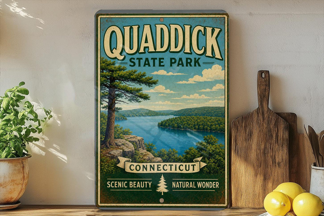 A vintage-style sign for Quaddick State Park in Connecticut, featuring a scenic landscape with a lake and mountains.