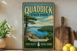 A vintage-style sign for Quaddick State Park in Connecticut, featuring a scenic landscape with a lake and mountains.