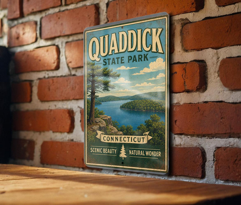 A vintage-style sign for Quaddick State Park, featuring a scenic landscape with a lake and mountains, mounted on a brick wall.