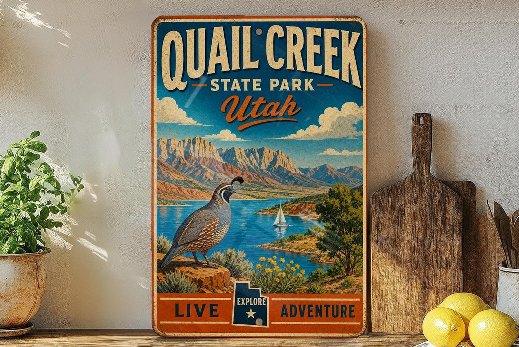 A vintage-style metal sign for Quail Creek State Park in Utah, featuring a scenic mountain landscape with a bird perched on a rock.