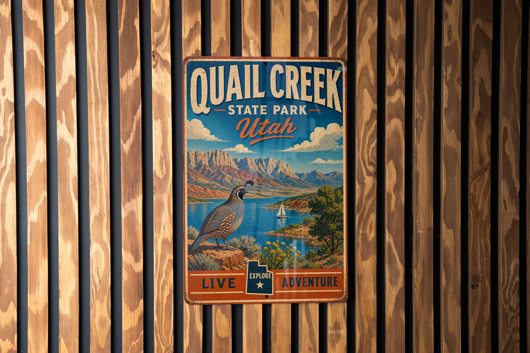 A vintage metal sign for Quail Creek State Park in Utah, featuring a scenic illustration of mountains, a lake, and a quail bird.