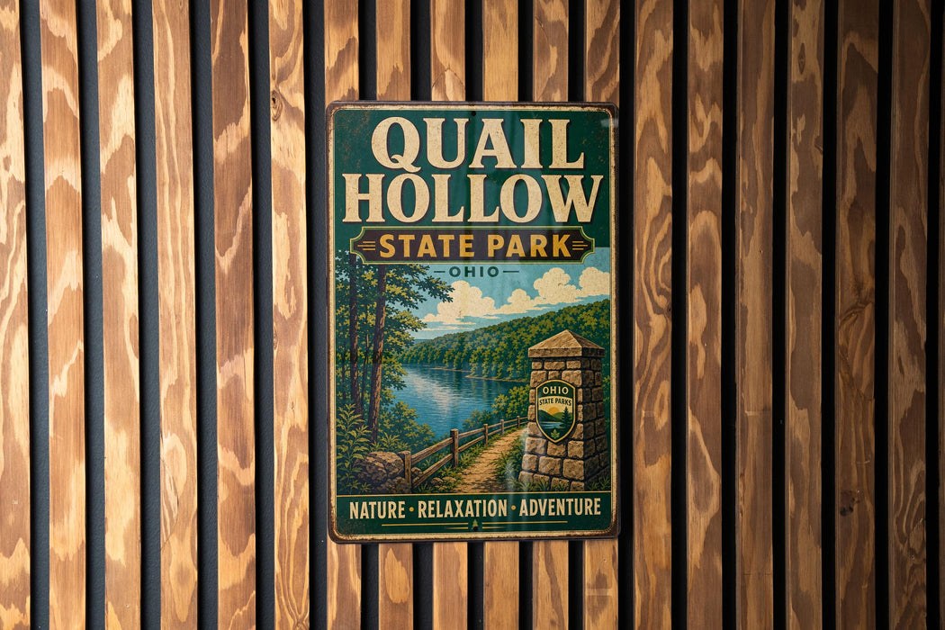 A vintage metal sign for Quail Hollow State Park in Ohio, featuring a scenic illustration of a forest and a lake.