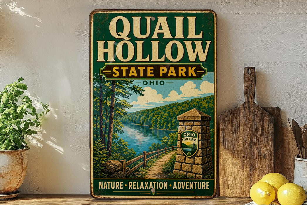 A vintage-style sign for Quail Hollow State Park in Ohio, featuring a scenic illustration of a river, forest, and a stone marker.