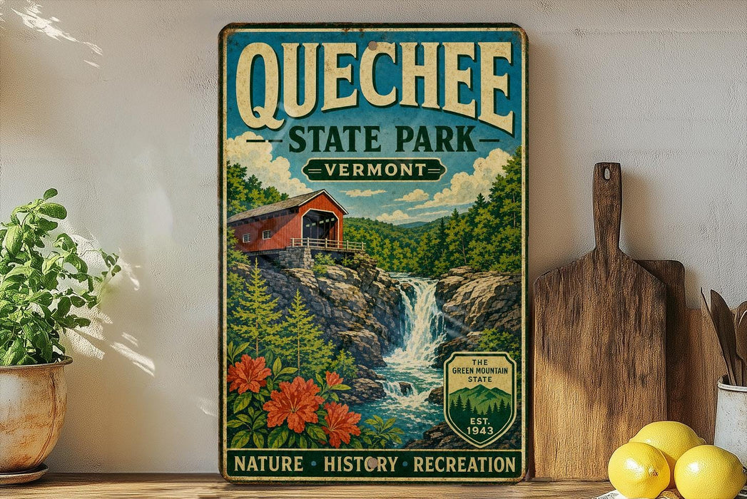 A vintage-style sign for Quechee State Park in Vermont, featuring a red wooden bridge over a waterfall surrounded by lush greenery and flowers.