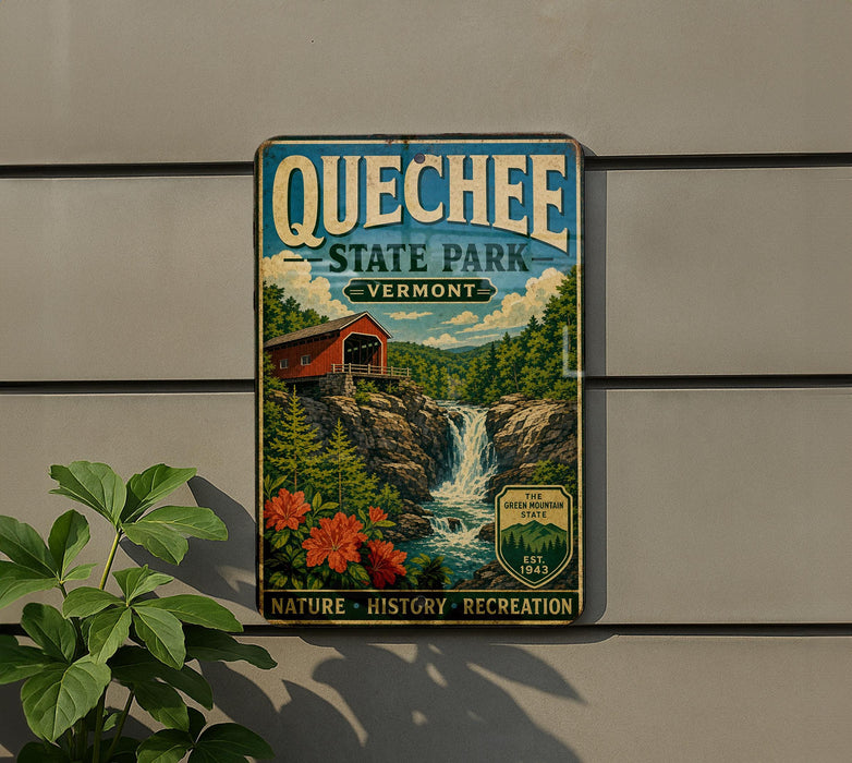 A vintage-style metal sign for Quechee State Park in Vermont, featuring a scenic image of a waterfall and a red wooden bridge.
