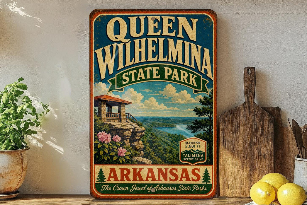 A vintage-style sign for Queen Wilhelmina State Park in Arkansas, featuring a scenic landscape with a cabin and mountains in the background.