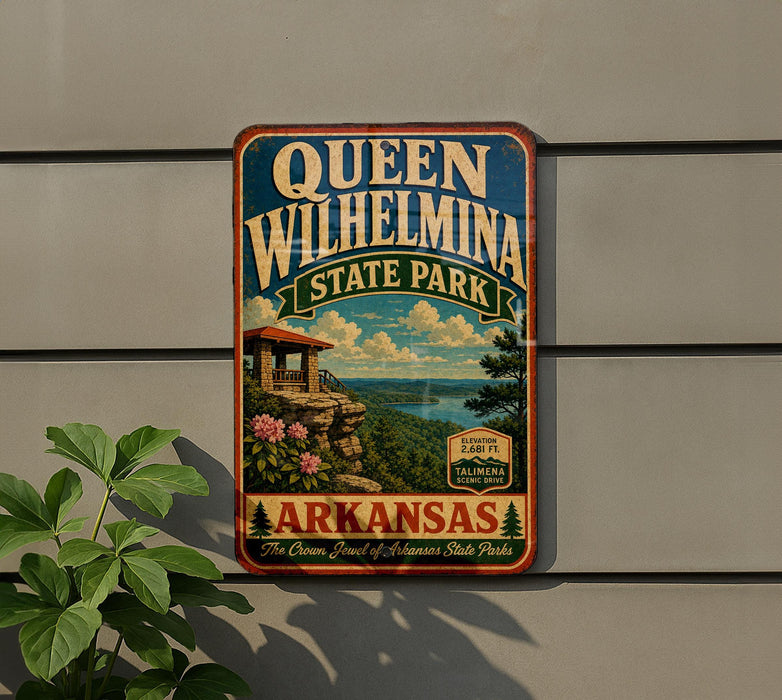A vintage-style metal sign for Queen Wilhelmina State Park in Arkansas, featuring a scenic landscape with a cliff, flowers, and a cabin.