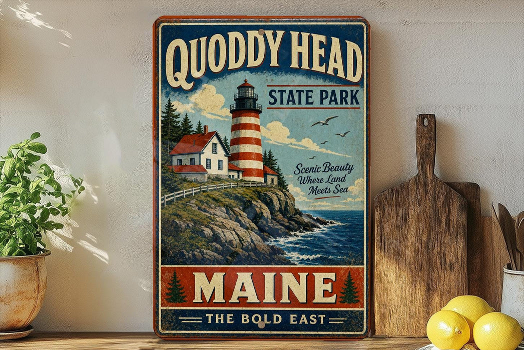 A vintage-style sign for Quoddy Head State Park in Maine, featuring a lighthouse and a coastal landscape.