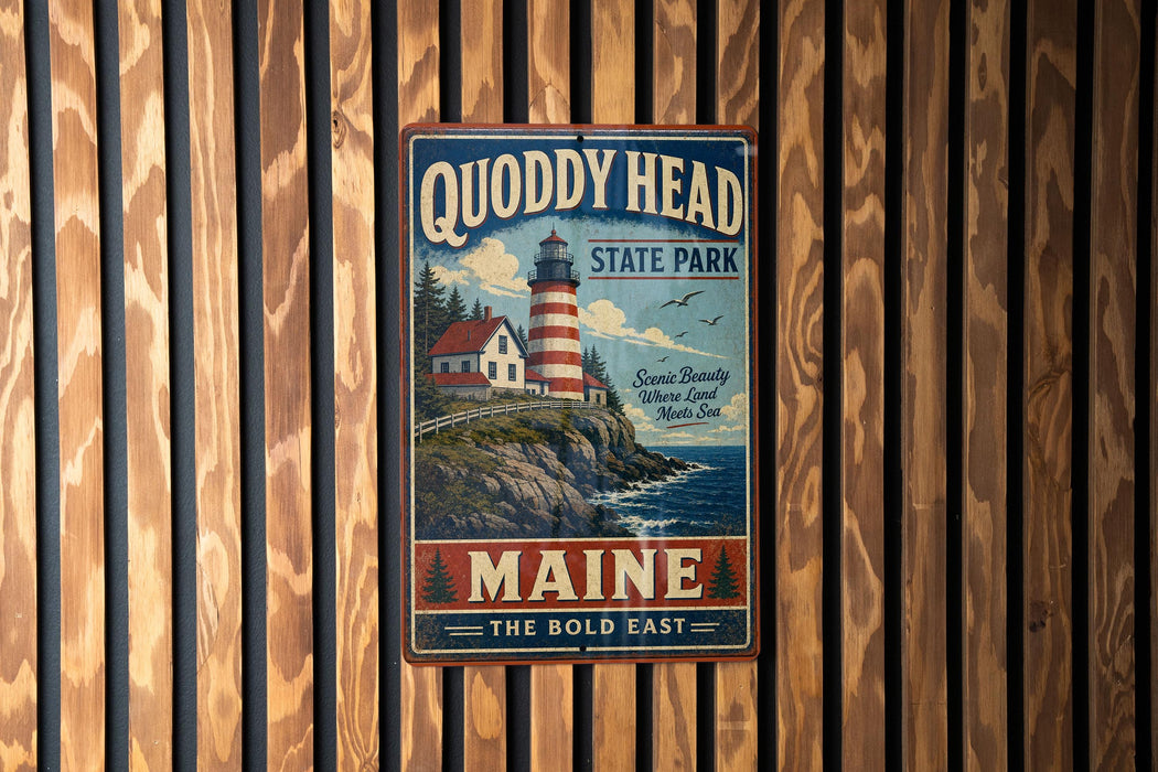 A vintage metal sign for Quoddy Head State Park in Maine, featuring a lighthouse and coastal scenery.
