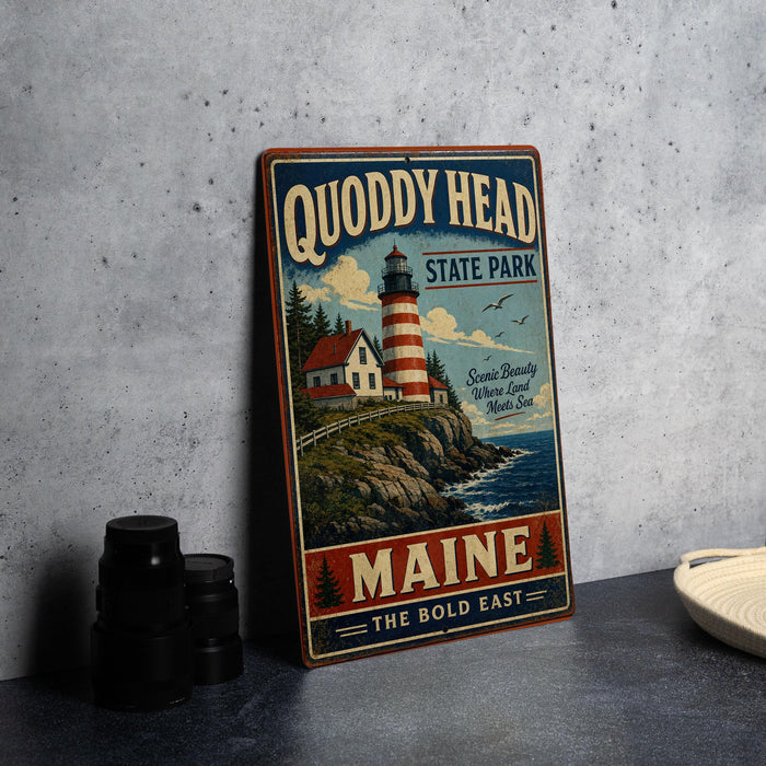 A vintage-style metal sign for Quoddy Head State Park in Maine, featuring a lighthouse and coastal landscape.
