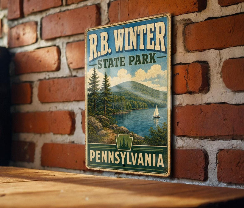 A vintage-style metal sign for R.B. Winter State Park in Pennsylvania, featuring a scenic landscape with a lake, mountains, and a sailboat.