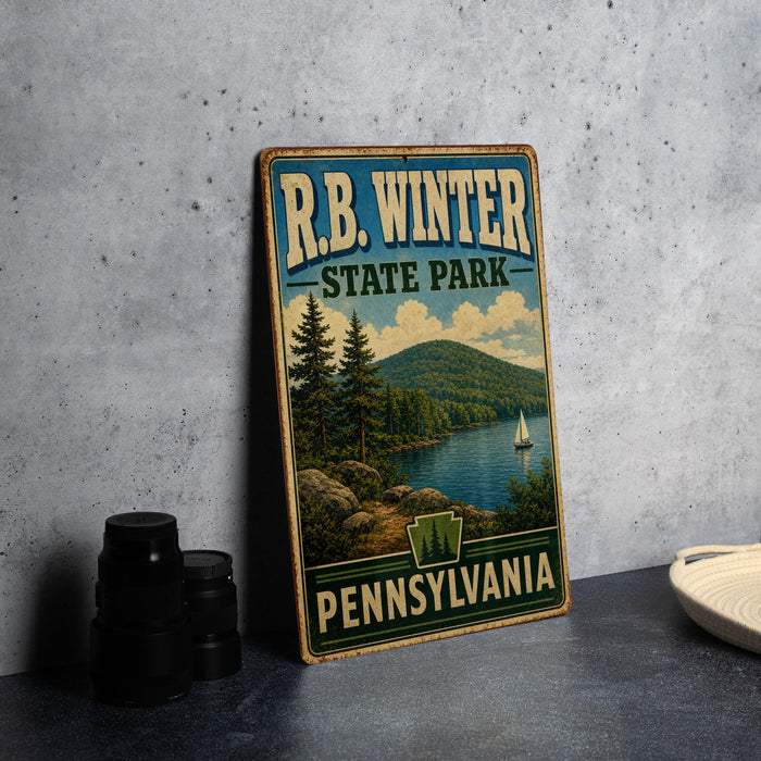 A vintage-style sign for R.B. Winter State Park in Pennsylvania, featuring a scenic landscape with pine trees, a lake, and a sailboat.
