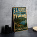 A vintage-style sign for R.B. Winter State Park in Pennsylvania, featuring a scenic landscape with pine trees, a lake, and a sailboat.