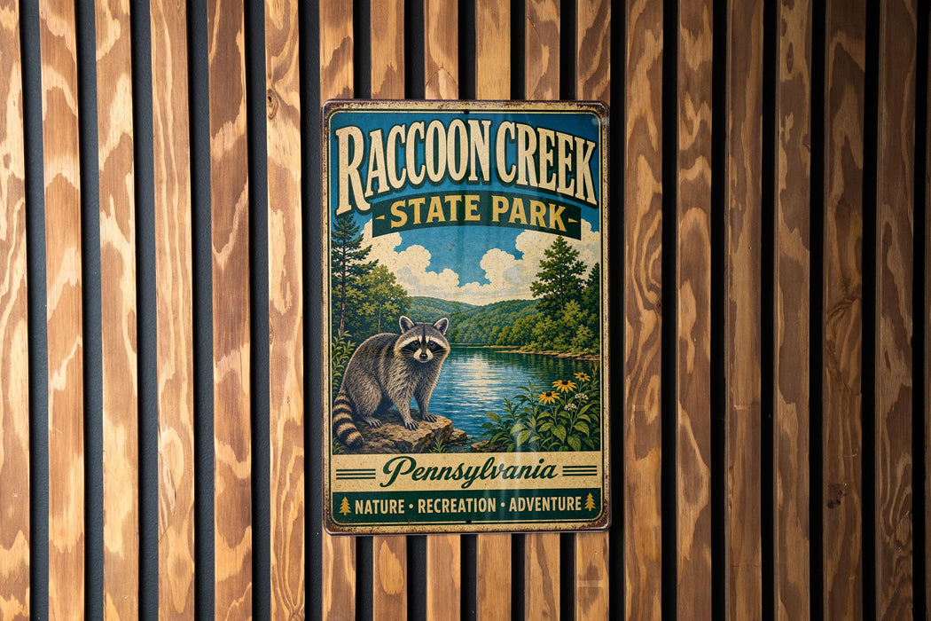 A vintage metal sign for Raccoon Creek State Park, featuring a raccoon and a scenic landscape, is displayed on a wooden wall.