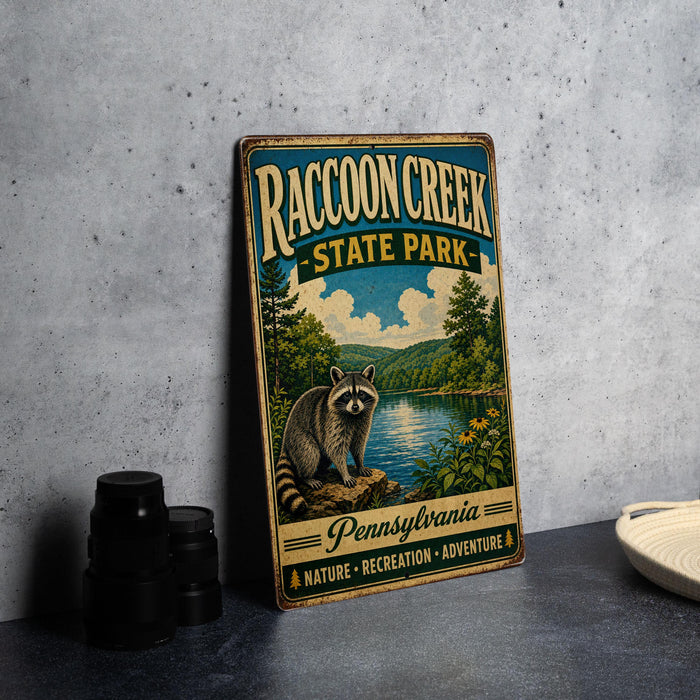 A vintage-style metal sign for Raccoon Creek State Park in Pennsylvania, featuring an illustration of a raccoon and a scenic landscape.