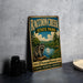 A vintage-style metal sign for Raccoon Creek State Park in Pennsylvania, featuring an illustration of a raccoon and a scenic landscape.