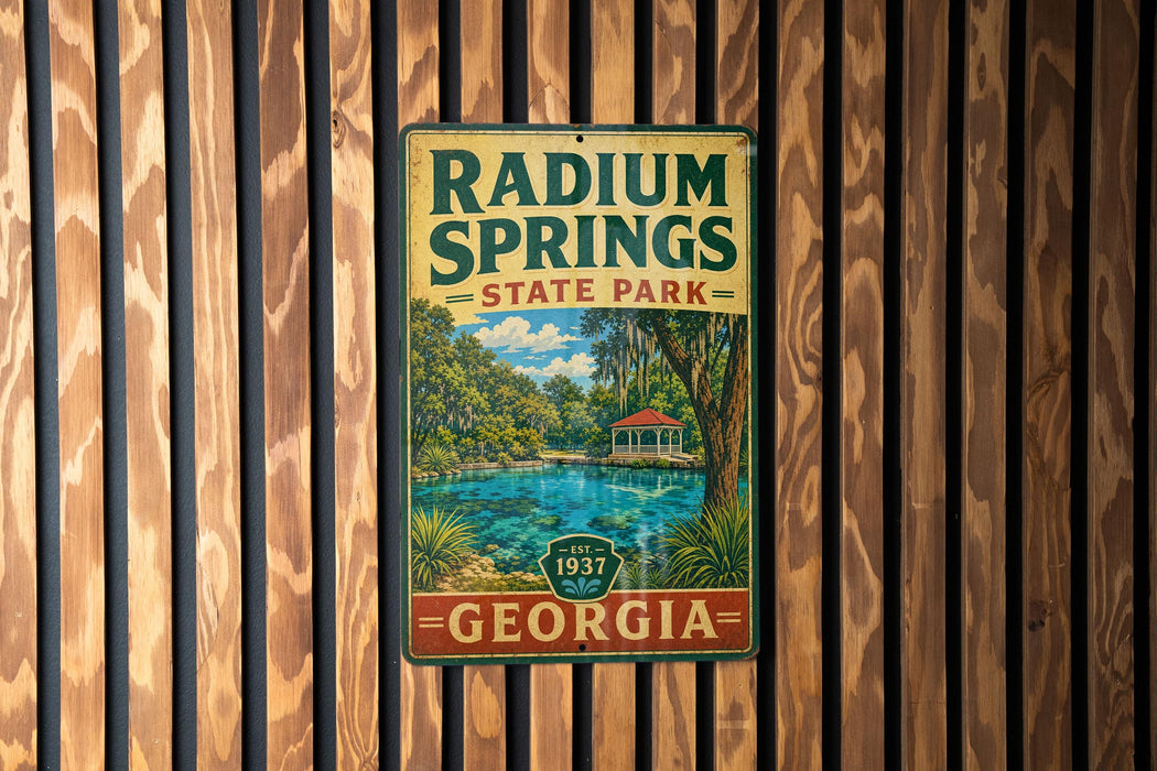 A vintage metal sign for Radium Springs State Park in Georgia, featuring a scenic image of the park's lake and surrounding landscape.