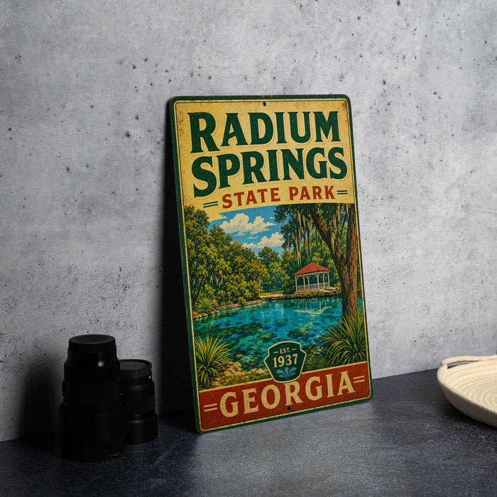 A vintage metal sign for Radium Springs State Park in Georgia, featuring a scenic illustration of the park's natural surroundings.