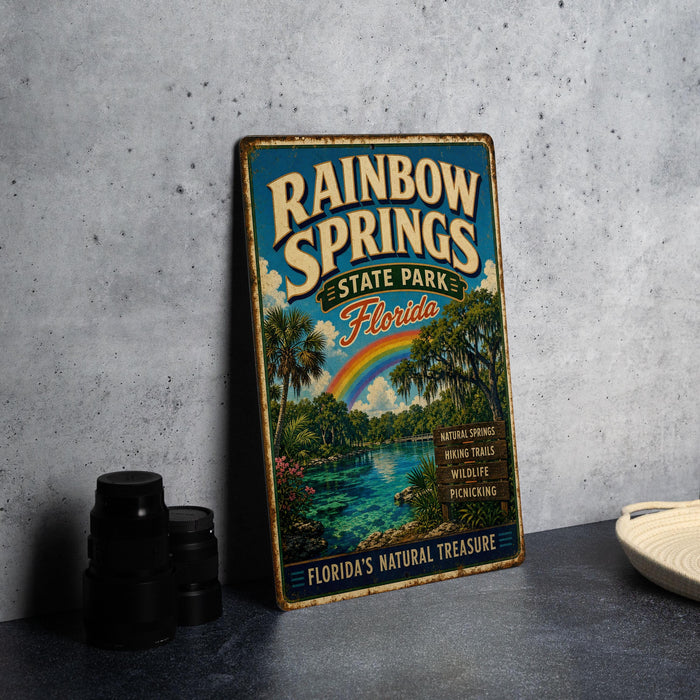 A vintage-style sign for Rainbow Springs State Park in Florida, featuring a tropical landscape with a rainbow, palm trees, and a body of water.