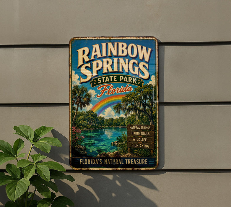 A vintage-style metal sign for Rainbow Springs State Park in Florida, featuring a tropical landscape with a rainbow, palm trees, and a body of water.