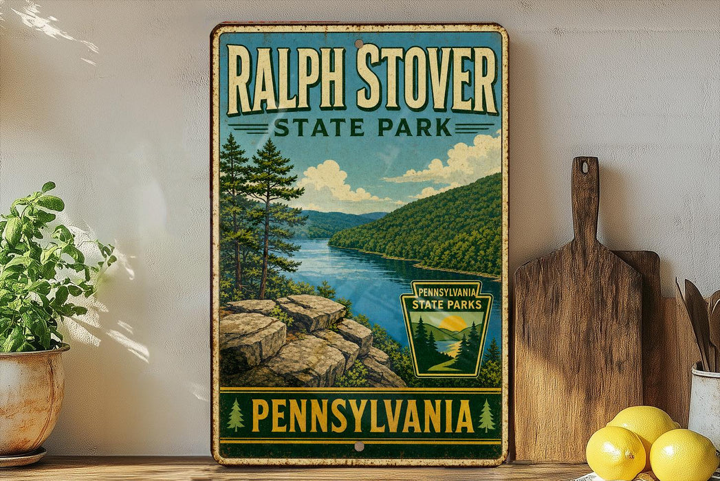 A vintage-style metal sign for Ralph Stover State Park in Pennsylvania, featuring a scenic landscape with a river, mountains, and pine trees.